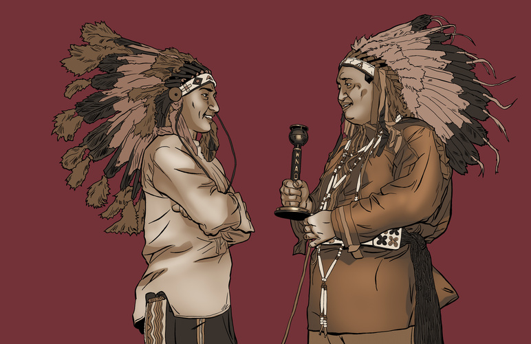 Artwork created for University of Oklahoma playbill for Arigon Starr's play "Indian Life" in 2022.